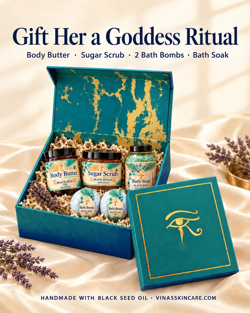 No-CBD Gift Box #1 in a teal Eye of Horus gift box with body butter, sugar scrub, two bath bombs and bath soak
