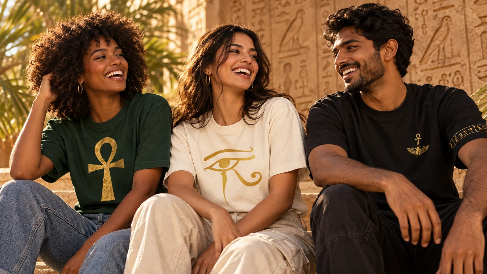 Friends wearing Egyptian-inspired Vina's Skincare T-shirts